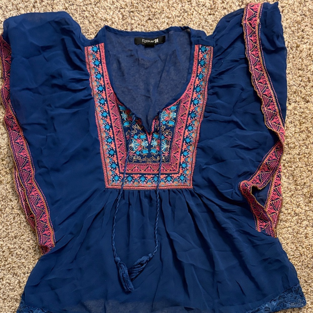 Forever 21 Royal Blue Embroidered Peasant Blouse